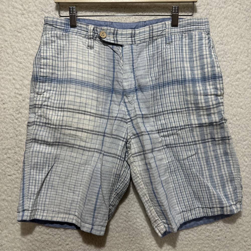 Tommy Bahama Reversible Relaxed Linen Shorts Men's Size 32 Flat Front Blue Plaid